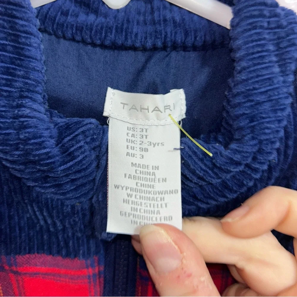 Tahari Red and Blue Plaid Vest with Corduroy Trim